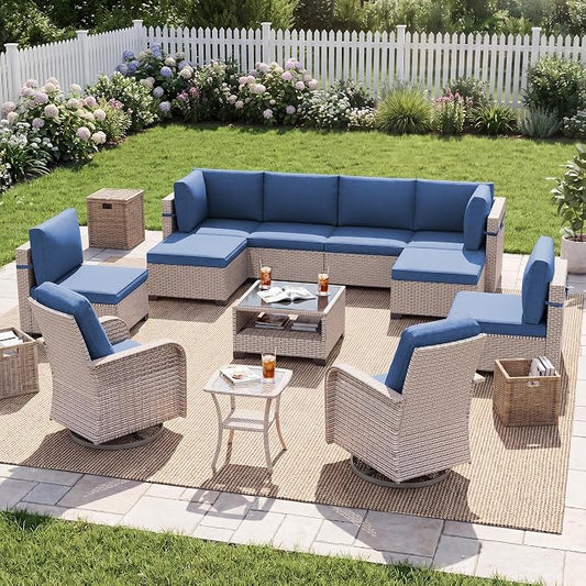 Patio Furniture Set, 12-Piece Outdoor Sectional Sofa with Swivel Rocker Chairs & Ottomans, Wicker Patio Conversation Set with Coffee Table, Blue Cushions