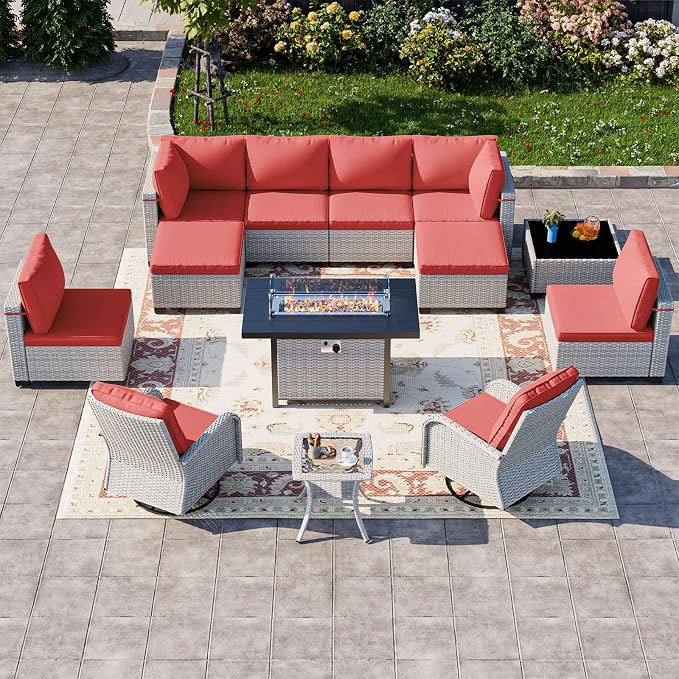 13-Piece Patio Furniture Set, Outdoor Patio Furniture with Swivel Chairs Set, Ottomans, 55,000 BTU Fire Pit Table, Modular Patio Sofa, Dual-Strand Wicker Rattan, Rust-Resistant Frame, Red