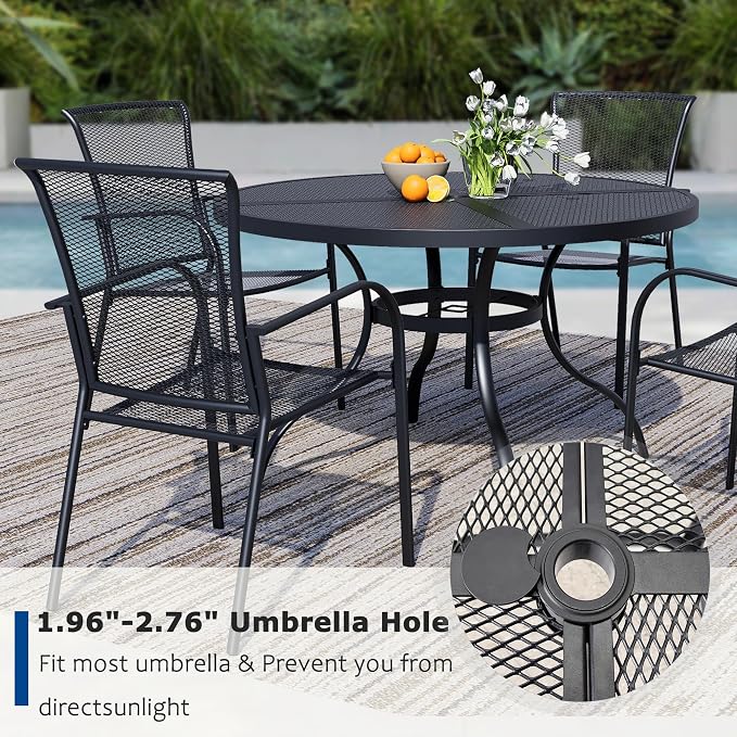 7 Pieces Outdoor Dining Set for 6, Black Metal Mesh Outdoor Dining Table and 6 Black Metal Mesh Stackable Patio Chairs with Armrest, Patio Table and Chairs Set for Lawn Garden Backyard