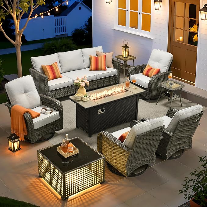 ovios 9 Pieces Patio Furniture Set, Outdoor Wicker Sofa Couch with Swivel Glider Chairs Fire Pit Table, Modern Deep Seat Rattan Conversation Sets for Deck Porch, Grey