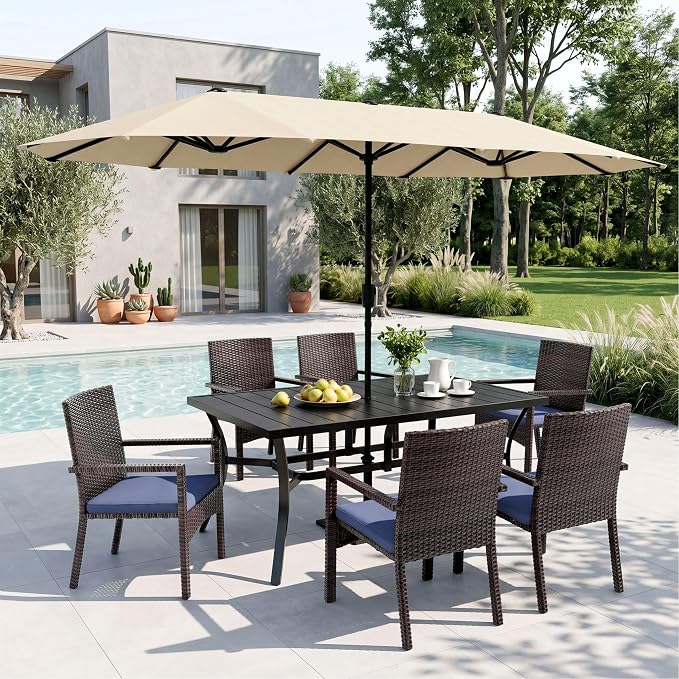 Sophia & William 7pc Patio Dining Set with Beige Umbrella, 6 Rattan Chairs | 6 Cushioned rattan chairs + 1 metal table with umbrella. Perfect for backyard, deck, porch.