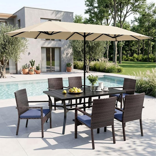 Sophia & William 7pc Patio Dining Set with Beige Umbrella, 6 Rattan Chairs | 6 Cushioned rattan chairs + 1 metal table with umbrella. Perfect for backyard, deck, porch.