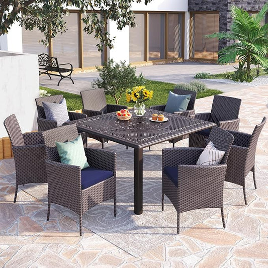 PHI VILLA 9-Piece Cast Aluminum Outdoor Dining Set for 8, Square Metal Dining Table with Umbrella Hole & Cushioned Wicker Rattan Chairs