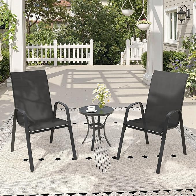 3 Pieces Small Outdoor Dining Set, 18.5" Round Outdoor Side Table & Stackable Patio Dining Chairs, Patio Table and Chairs Set for Deck Garden Porch, Black Chairs & Black Table