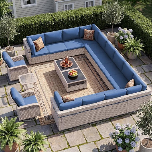 Patio Furniture Set, 17-Piece Outdoor Sectional Sofa with Swivel Rocker Chairs & 2-Layer Glass Coffee Table, Wicker Patio Conversation Set with Blue Cushions