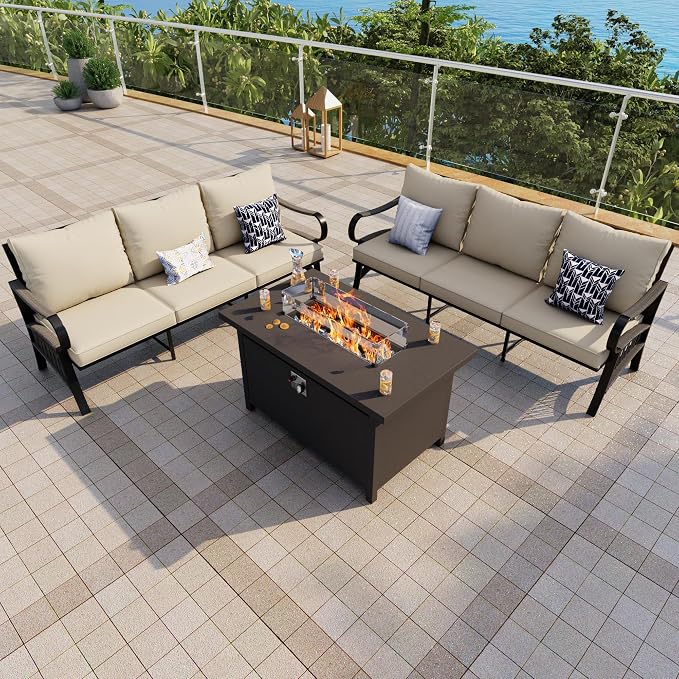 Outdoor Furniture Set, Patio Conversation Set Include 2 x 3-Seater and Fire Pit Table for Deck, Porch, Garden, Backyard, Poolside (Beige, 3-Piece)