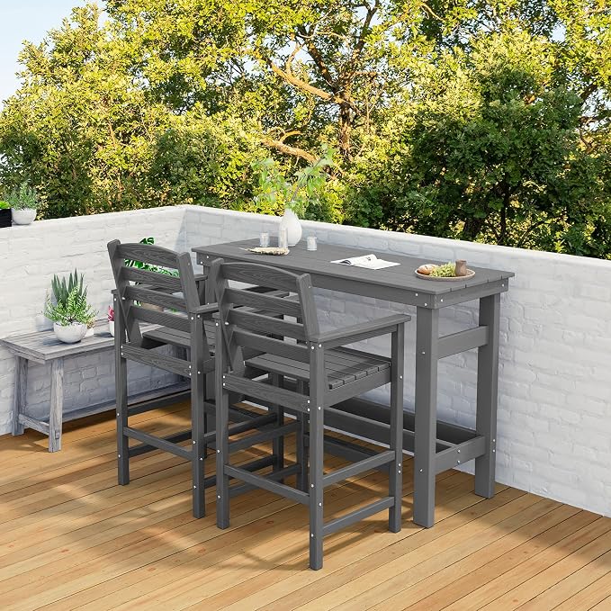 SERWALL Outdoor Bar Set with 9ft Umbrella, All-Weather HDPE Patio Bar Chairs and Table, Outdoor Furniture Set, Grey (Umbreall Base not Included)