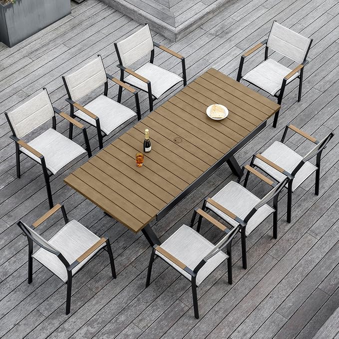 Teak Expandable Outdoor Dining Table for 8, Never-Rust Aluminum Patio Dining Table, 63''-83'' X-Shaped Extendable Dining Table with Umbrella Hole for Garden Porch Deck Indoor or Outdoor Meals