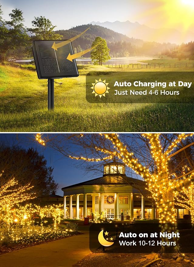 Minetom Solar String Lights Outdoor Waterproof, 2 Pack Total 144FT 400 LED | Solar Powered String Light with 8 Lighting Modes, Waterproof Patio Lights, Christmas Outdoor Lights for Tree Yard, Warm White