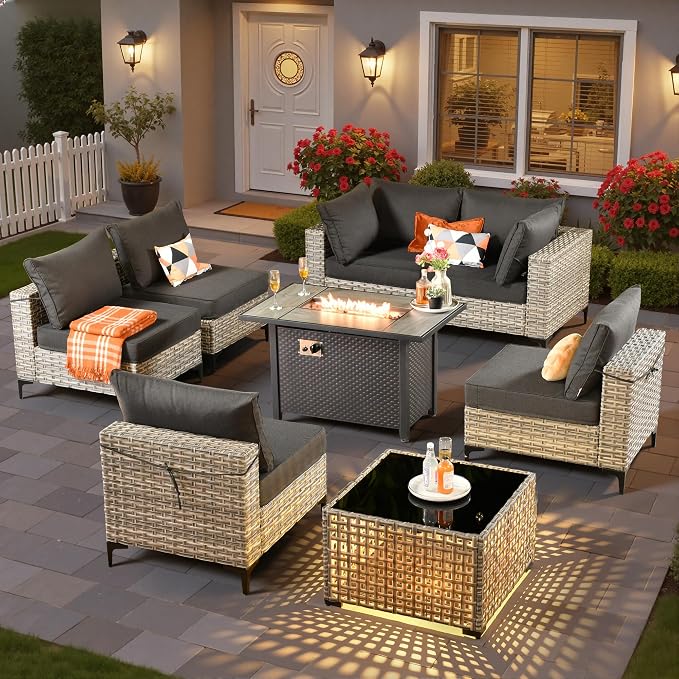 8 Pieces Patio Sectional Furniture Set, Outdoor Wicker Sectional Couch with Firepit Solar Lights Table, Modern Conversation Set for Porch Balcony Backyard, Black
