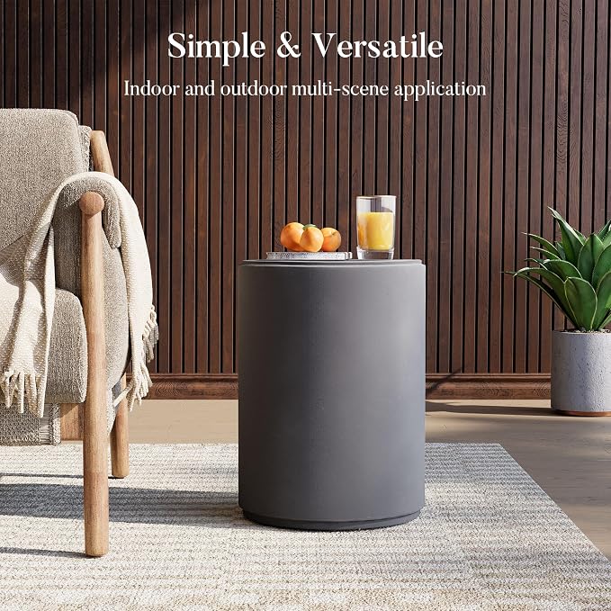 COSIEST 21" Outdoor Side Table, Weather-Resistant Round Concrete End Table for Patio,Durable Small Outside Tables Accent Stool for Garden, Porch, Deck, Balcony & Beach，Cement Gray