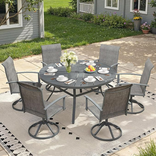 7 Pieces Round Outdoor Table and Chairs Set, Patio Dining Set with 50" Round Spliced Outdoor Table and Patio Swivel Chairs for Backyard Lawn Garden, Dark Grey Table and Grey Chairs