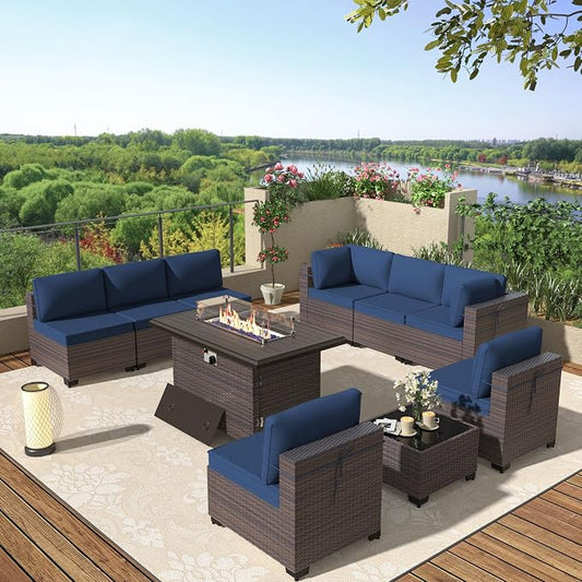 Patio Furniture Set with Fire Pit Table 10 Pieces Outdoor Sectional Sofa Set,PE Rattan Wicker Patio Conversation Set w/43in 55000 BTU Propane Fire Pit Table,NavyBlue
