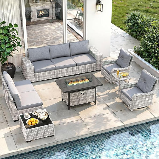 10 Piece Outdoor Wicker Sectional Sofa Set with Swivel Chairs & Fire Pit Table, 7-Seats with 4" Thickened Cushions & Coffee Table, All-Weather PE Rattan for Garden, Backyard, Porch, Gray