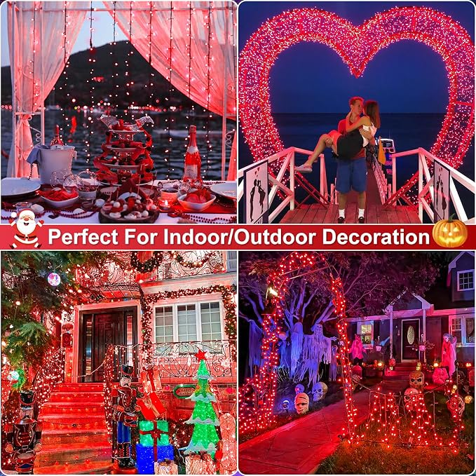 Red Christmas Lights Outdoor, 66FT 200 LED Christmas Tree Lights Indoor | Waterproof 8 Modes Connectable String Lights for Outside Indoor Bedroom Patio Yard Wedding Party Holiday Decorations
