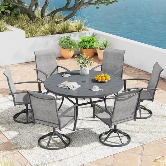 7 Pieces Outdoor Patio Dining Table Set, 50" All Weather Round Metal Table with Umbrella Hole and 6 High Back Textilene Swivel Chairs for Garden, Lawn, Poolside, Grey