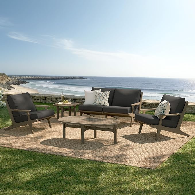 Modway Saratoga 5-Piece Teak Wood Outdoor Furniture Set in Weathered Gray Flint - Patio Conversation Set with Loveseat, 2 Armchairs, Side Table and Coffee Table
