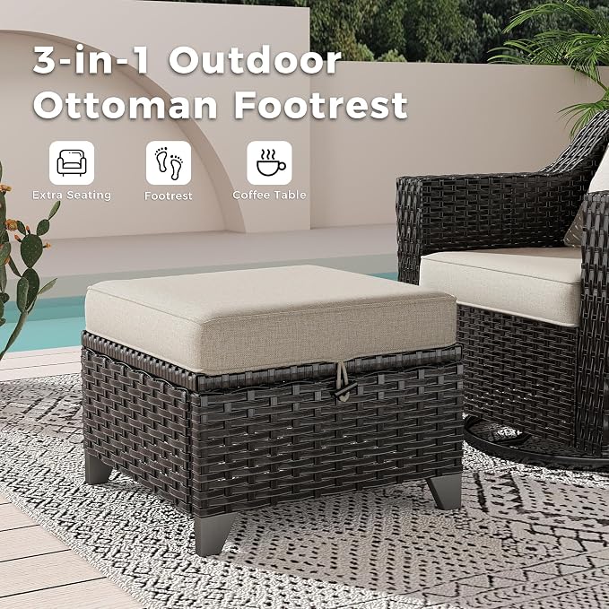 7 Pieces Patio Conversation Furniture Set - 1 Sofa, 2 Ottomans, 4 Armchairs, Outdoor Wicker Furniture with Removable Cushions for Porch, Balcony, Sunroom (Beige)