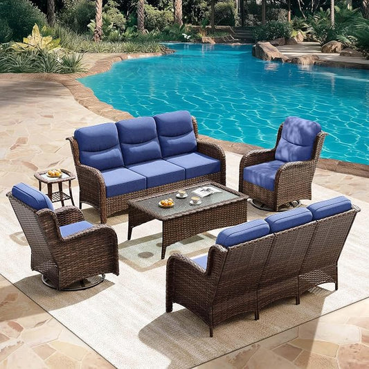 HILLGA Luxury Outdoor Patio Furniture Set with 6-Inch Thick Cushions, High Back Wicker Swivel Rocker Chairs, 6Pcs All Weather Sofa Set for Large Deck, Yard and Poolside, Blue (V3)