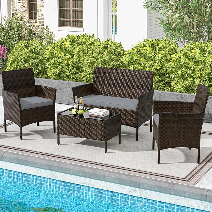 ORALNER 4 Pieces Patio Furniture Set, Rattan Chairs Loveseat with Soft Cushion Glass Table, Outdoor Wicker Conversation Set for Balcony Garden Backyard Porch Poolside (Gray)