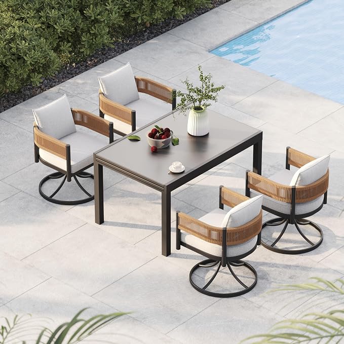 Grand patio 5-Piece Expandable Table Dining Set for 6 to 10, Aluminum Outdoor Dining Table with Glass Tabletop, Metal Woven Wicker Swivel Patio Chairs with Cushions for Yard, Poolside, Deck (Natural)