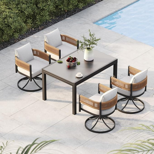 Grand patio 5-Piece Expandable Table Dining Set for 6 to 10, Aluminum Outdoor Dining Table with Glass Tabletop, Metal Woven Wicker Swivel Patio Chairs with Cushions for Yard, Poolside, Deck (Natural)