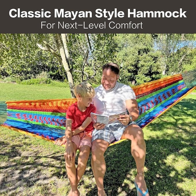 CHULIM Handwoven Mayan Hammock with 10ft Tree Straps, 550lbs Capacity Soft Rope Double Hammock, Portable Outdoor Hammock with Carry Bag for Camping Backyard Beach - Natrual White