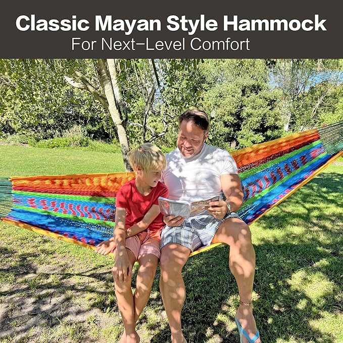 CHULIM Handwoven Mayan Hammock with 10ft Tree Straps, 550lbs Capacity Soft Rope Double Hammock, Portable Outdoor Hammock with Carry Bag for Camping Backyard Beach - Green