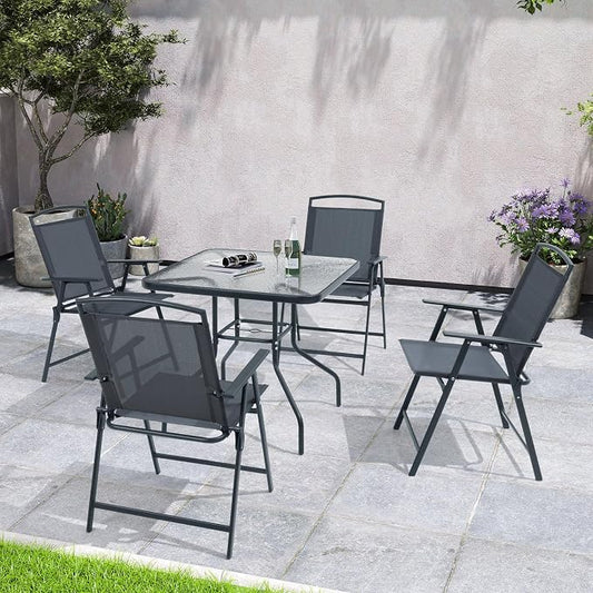 Crestlive Products 5 Piece Patio Dining Set with 4 Folding Chairs and Table Outdoor Dining Furniture with Square Glass Tabletop, Umbrella Hole for Bistro, Garden, Backyard, Deck(Grey)