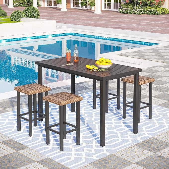 PHI VILLA Outdoor Tall Bar Table, 55”x27” Counter Height Dining Table with Wood-Like Metal Frame & Adjustable Feet, Black High Top Pub Cafe Table for Patio, Yard