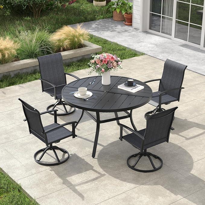 VICLLAX Outdoor Table and Chairs Set for 4, Patio Dining Set of 40.6" Metal Round Patio Table with Umbrella Hole & 4 Swivel Outdoor Dining Chairs for Backyard Lawn, Charcoal & Black