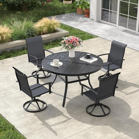 VICLLAX Outdoor Table and Chairs Set for 4, Patio Dining Set of 40.6" Metal Round Patio Table with Umbrella Hole & 4 Swivel Outdoor Dining Chairs for Backyard Lawn, Charcoal & Black