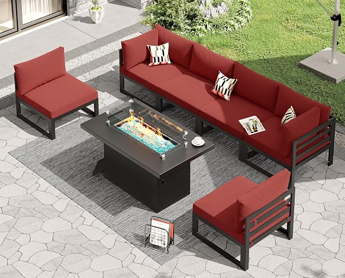 RADIATA 6 Person Oversized Modular Aluminum Outdoor Furniture Set with Fire Pit Table, 29 inch Deep Wide Sectional Seating, 500 lbs High Weight Capacity Patio Conversation Set for Garden, Burgundy