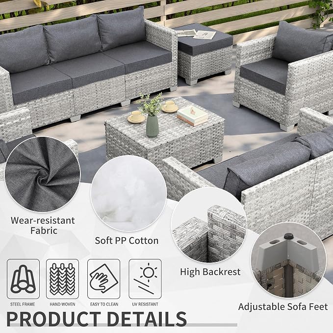 WAROOM Patio Furniture Set 7 Piece Grey Wicker Outdoor Conversation Sets PE Rattan Sectional Sofa with Storage Coffee Table and Anti-Slip Grey Cushion