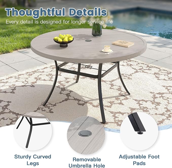 DIFY 7 Pieces Outdoor Dining Set for 6, 50" Round Dining Table with Umbrella Hole & Wicker Stackable Patio Chairs with Cushions, Metal Patio Table and Chairs Set for Backyard Porch, Grey Wood-Like