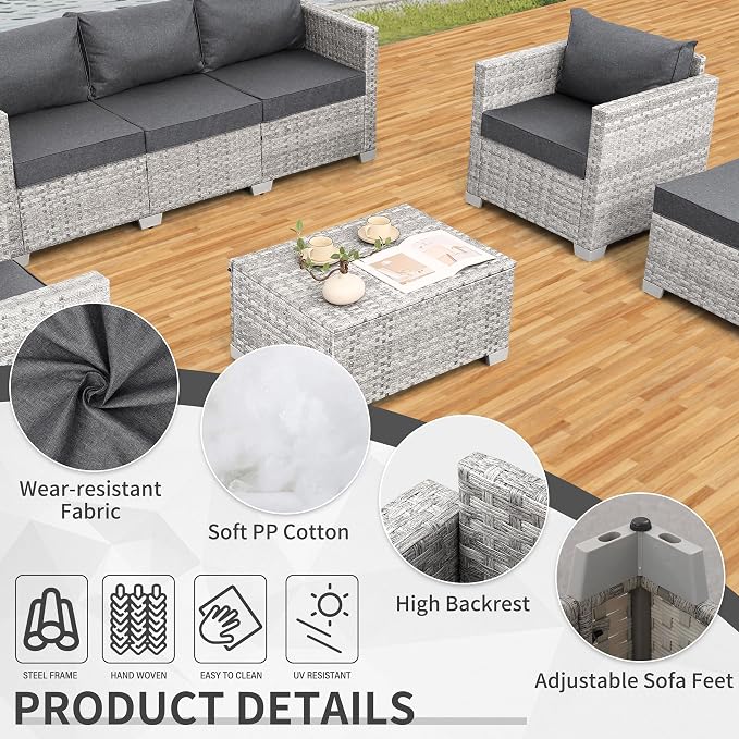 WAROOM Patio Furniture Set 6 Piece PE Rattan Outdoor Conversation Sets Grey Wicker Couch Sectional Sofa with Storage Coffee Table and Grey Cushion