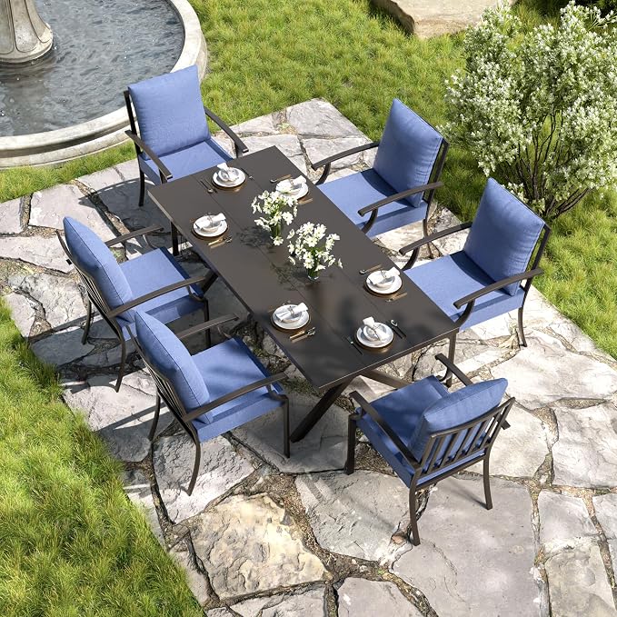 Kullavik 7 Pieces Outdoor Dining Set,Patio Dining Table and Chairs Set for 6,Fence Pattern Back Chairs with Thickened Cushions & Rectangular Metal Dining Table with Umbrella Hole for Patio,Navy Blue
