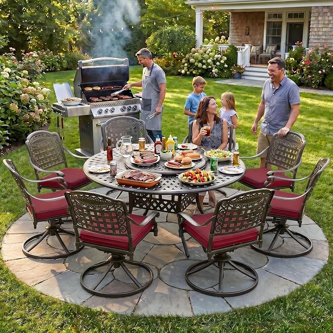 MEETWARM Outdoor 9-Piece Patio Dining Set, All-Weather Cast Aluminum Patio Conversation Set- 8 Cushioned Swivel Rocker, 61" Round Patio Dining Table w/Detachable Lazy Susan/Umbrella Hole, Chili Red