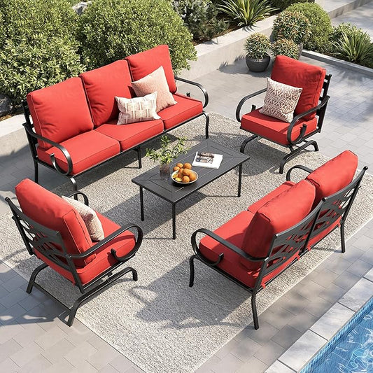 PHI VILLA Patio Furniture Set, a Loveseat, 3-Seater Sofa, 2 Rocking Chairs and a Coffee Table, Outdoor Metal Conversation Set with 5.75" Extra Thick Cushion for Garden Backyard Deck, Red