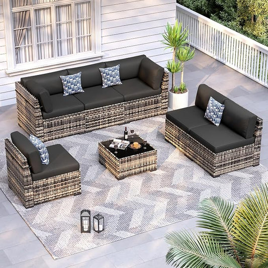 Patio Furniture Sets, 7-Piece Outdoor Patio Furniture with Thick Cushions,Coffee Table Outdoor All-Weather Conversation Set Sectional Sofa for Backyard, Poolside, Garden(Black)