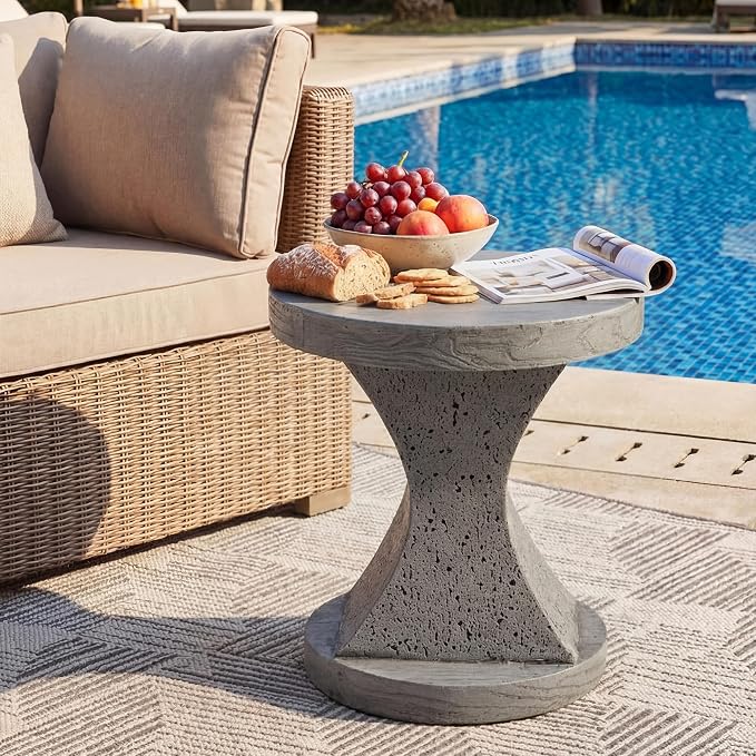 HOMPUS Outdoor Side Table, Concrete Dinning Table Hourglass Shpaed, Round Multi-Functional End Table, Cement Coffee Table for Patio, Garden, Backyard, Grey
