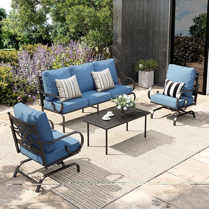 Sophia & William Patio Conversation Set for 5, 3-Seater Sofa, 2 Rocking Chairs and a Coffee Table, Metal Outdoor Furniture with 5.75" Extra Thick Cushions, Navy