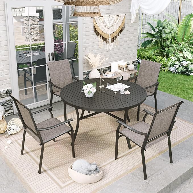 Sophia & William Patio Dining Set for 4 with Round Metal Table | Textilene Chairs，Rust-Resistant Frame，Weather-resistant, Quick-drying & Breathable, Backyard deck, 5 piece