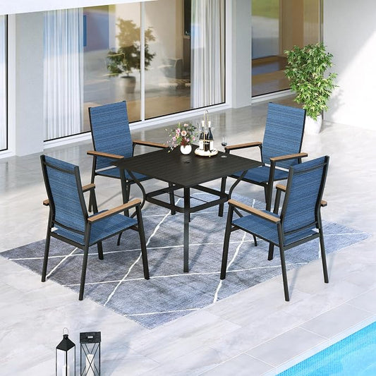 MFSTUDIO 5 PCS Patio Dining Set with 4 Stacking Aluminum Armchair(Blue) and 1 Square Heavy Duty Table