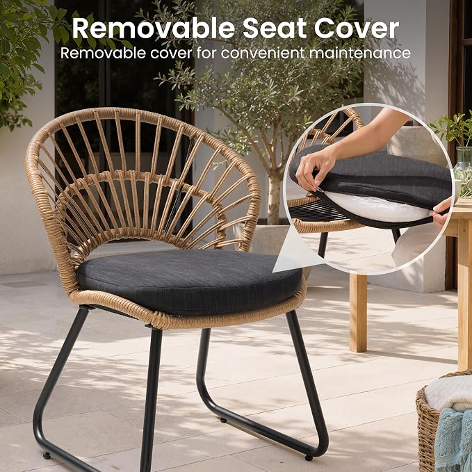 Rattan Patio Dining Chairs Set of 4, Hand-Woven Wicker Outdoor Chair | Shell Shaped Back with 2.6” Black Cushion, Sled Metal Frame Patio Side Chairs for Garden Backyard Porch