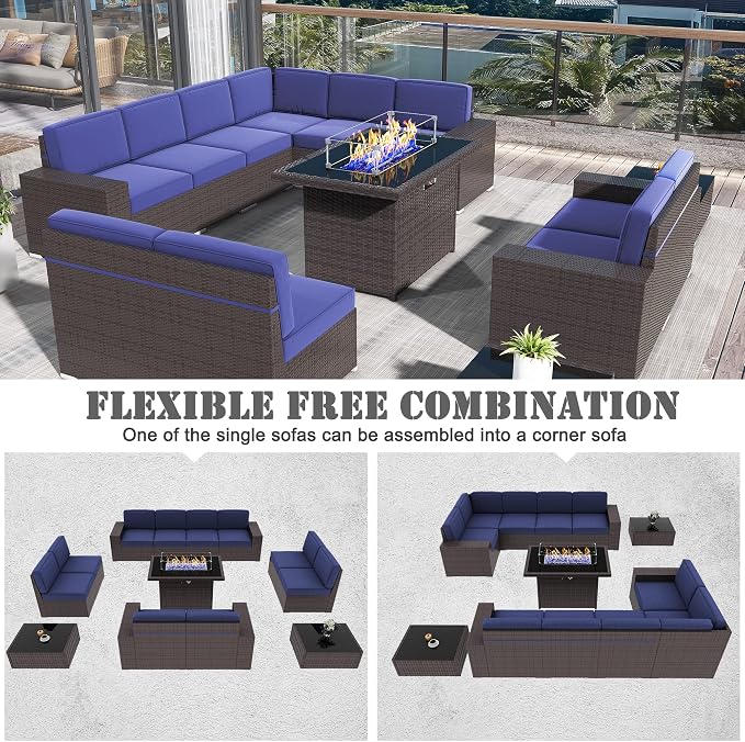 13 Pieces Patio Furniture Set with 44" Propane Gas Fire Pit Table, Outdoor Sectional Brown Rattan Wicker Conversation Sofa Sets with Coffee Table