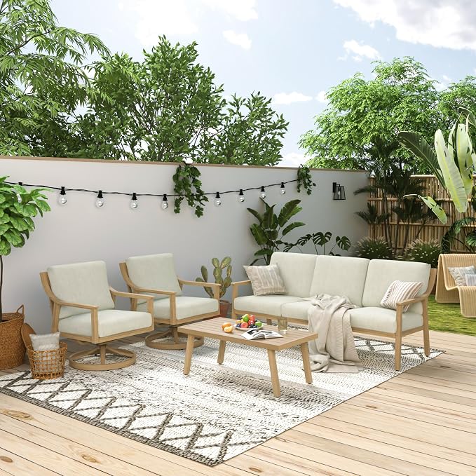 HAPPATIO 4-Piece Outdoor Patio Furniture Set for 5, Aluminum Outdoor Conversation Set Includes 1 Three-Seater Sofa, 2 Swivel Chairs, and 1 Coffee Table, Perfect for Porch, Deck, Garden, (Beige)