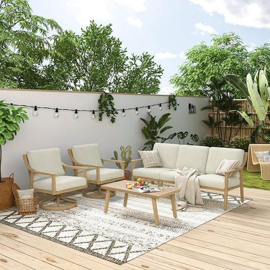 HAPPATIO 4-Piece Outdoor Patio Furniture Set for 5, Aluminum Outdoor Conversation Set Includes 1 Three-Seater Sofa, 2 Swivel Chairs, and 1 Coffee Table, Perfect for Porch, Deck, Garden, (Beige)