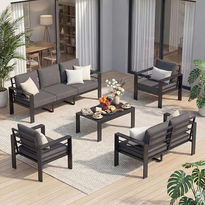 7-Seat Aluminum Patio Furniture Set, 5 Piece Outdoor Conversation Set with 4" Thick Washable Cushions & Coffee Table, Outdoor Sectional Sofa for Backyard, Deck, Porch, Poolside
