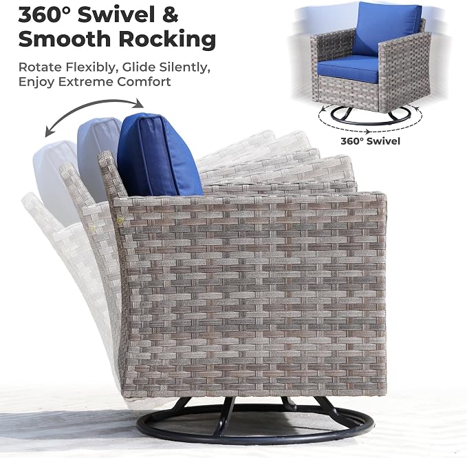 ovios 9 Pieces Patio Furniture Set, Outdoor Wicker Sectional Sofa with 42" Firepit Table Swivel Chair, Modern Modular Deep Seat Rattan Couch Conversation Sets, Navy Blue